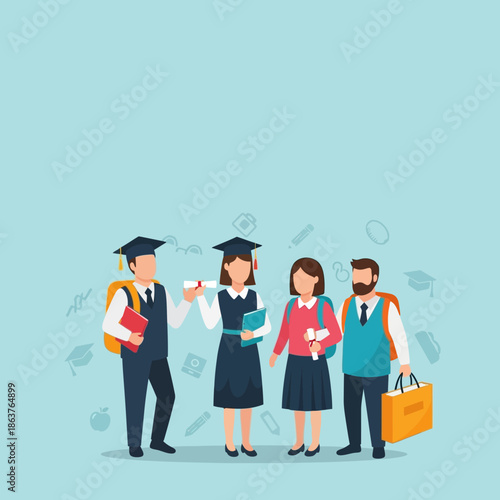 Group of diverse students celebrating graduation and preparing for future studies.