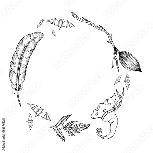 Vector frame with halloween witch broom, bird feather, hat and bat. Hand painted linear wizard cap illustration. Graphic monochrome sketch isolated on background. For designers, prints, logo, icon