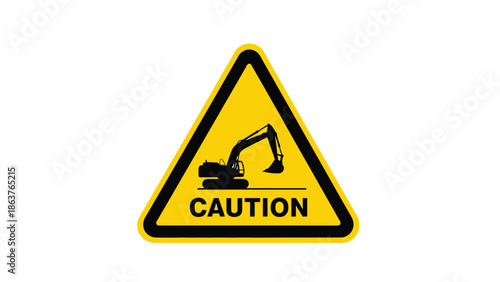 Yellow caution warning sign featuring a black silhouette of an excavator indicating heavy machinery operation on a construction site for increased safety awareness