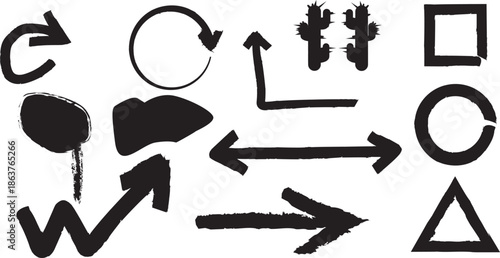 A collection of various black arrows and symbols on a white background