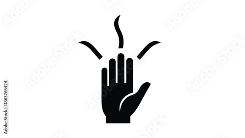 Black silhouette icon representing a hand feeling intense heat or steam rising from the surface it is touching indicating a warning sign for burns