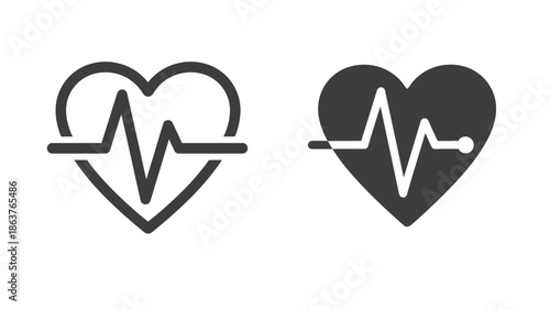 Two distinct graphic representations of a heart symbol overlaid with an electrocardiogram heartbeat line showing medical monitoring icons