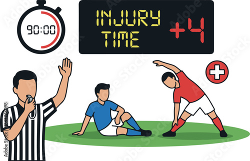 Soccer injury time concept illustration featuring a referee blowing a whistle, an injured player sitting on the field, a substitute warming up, and a digital board showing added minutes.