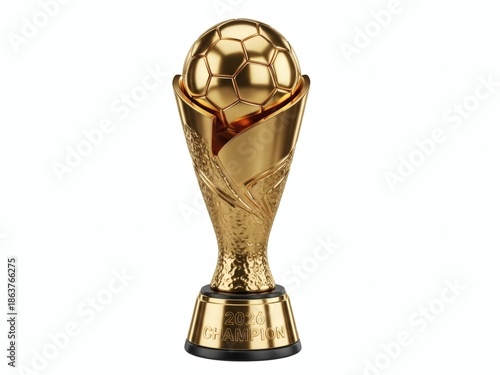 3D Golden Soccer Trophy 2026 World Football Championship Cup Award with Champion Text Isolated on White Background