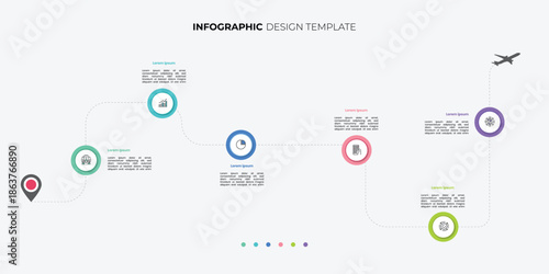 Infographic template for business with pin and plane. 6 Steps Modern Timeline diagram with road journey concept, presentation infographic