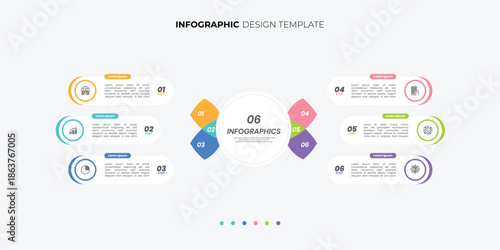 Modern Circle chart infographic template with 6 options for presentations. Infographic 6 diagram chart template for business 6, options, presentation with diagram elements, infographics