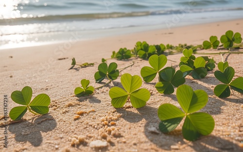 Lucky four leaf clover on st patrick's day beach scene with ocean waves