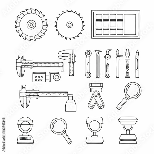 Collection of Industrial Tools and Measuring Instruments.