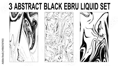 Set of abstract backgrounds. Ink marbling textures. Black and white. Hand drawn marble illustrations, ebru aqua paper and silk prints. Traditional Turkish ebru 