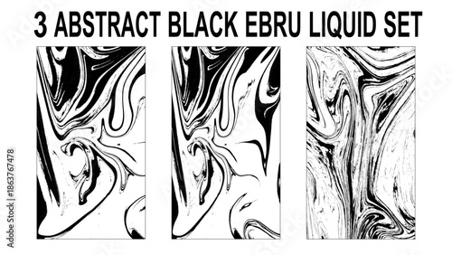 Set of abstract backgrounds. Ink marbling textures. Black and white. Hand drawn marble illustrations, ebru aqua paper and silk prints. Traditional Turkish ebru 