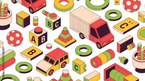 Isometric Toy Collection Red Yellow Green Cars Blocks Rings on White Background toys toy cars