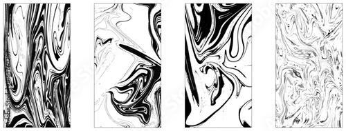 Set of abstract backgrounds. Ink marbling textures. Black and white. Hand drawn marble illustrations, ebru aqua paper and silk prints. Traditional Turkish ebru technique