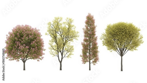 Set of Four Realistic Trees Isolated on White Background, Botanical Elements