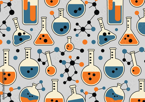 Seamless Pattern of Chemistry Lab Glassware and Molecular Structures on Gray Background science laboratory