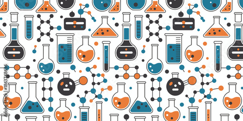 Seamless pattern of science laboratory equipment and molecular structures in flat design vector illustration