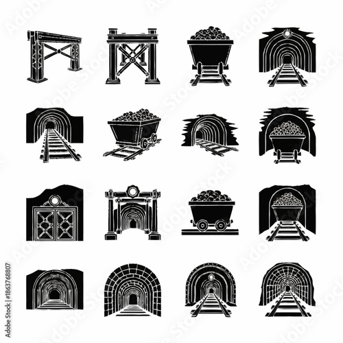 Collection of Mining Tunnels and Carts Icons.