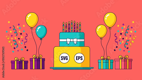 A vibrant birthday celebration vector illustration featuring a tiered cake, balloons, and gifts