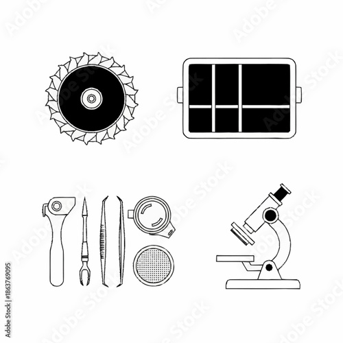 Collection of Scientific and Industrial Tools and Equipment.