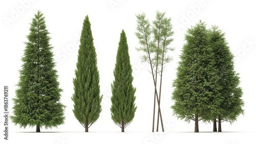 Set of 3D Rendered Trees Isolated on White, Evergreen Forest, Nature Background