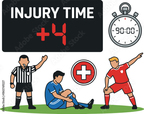 Soccer injury time concept illustration featuring a digital scoreboard showing plus four minutes, a stopwatch, a referee signaling, an injured player sitting on the field, and a substitute player stre