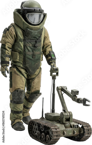 Military specialist wearing heavy bomb disposal suit stands beside an armored tracked robot equipped with a manipulator arm and camera for ordnance inspection EOD robot protective suit