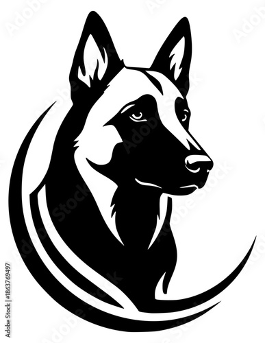 A black and white digital illustration depicting the head of a German Shepherd 
