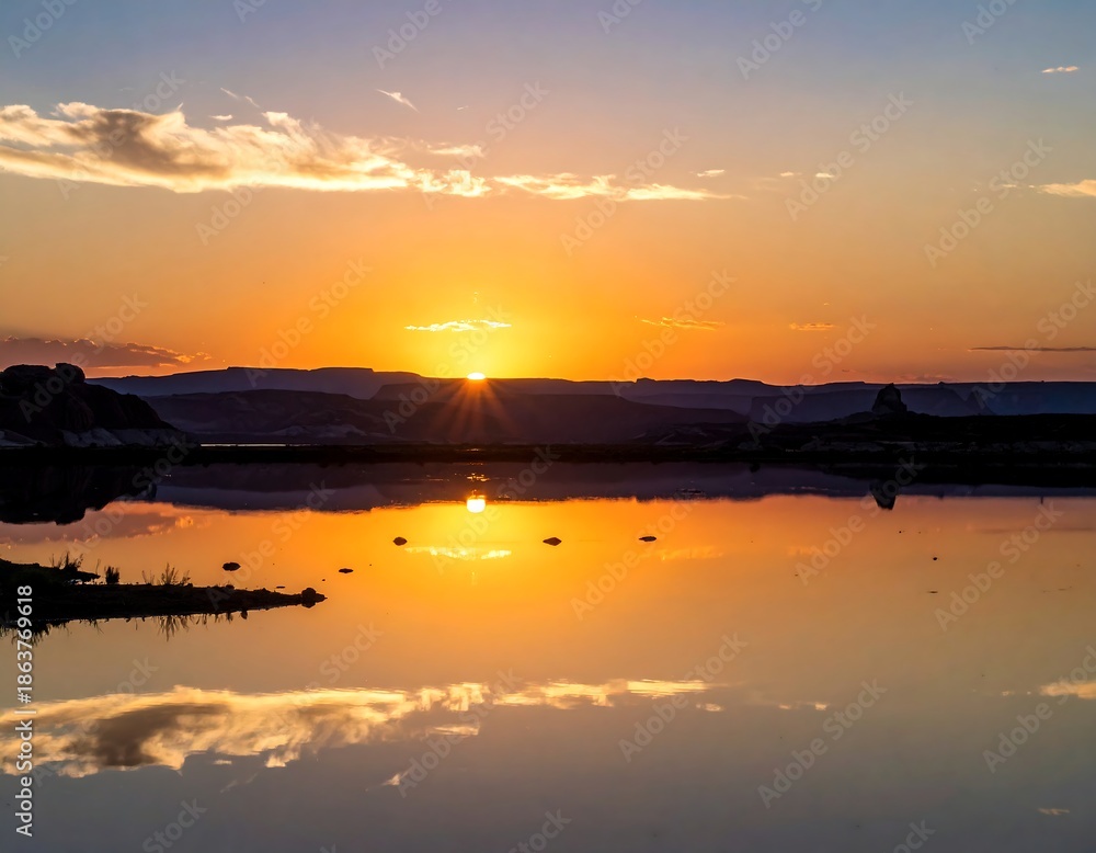 Obraz premium A picturesque sunset over a serene lake, reflecting the golden light