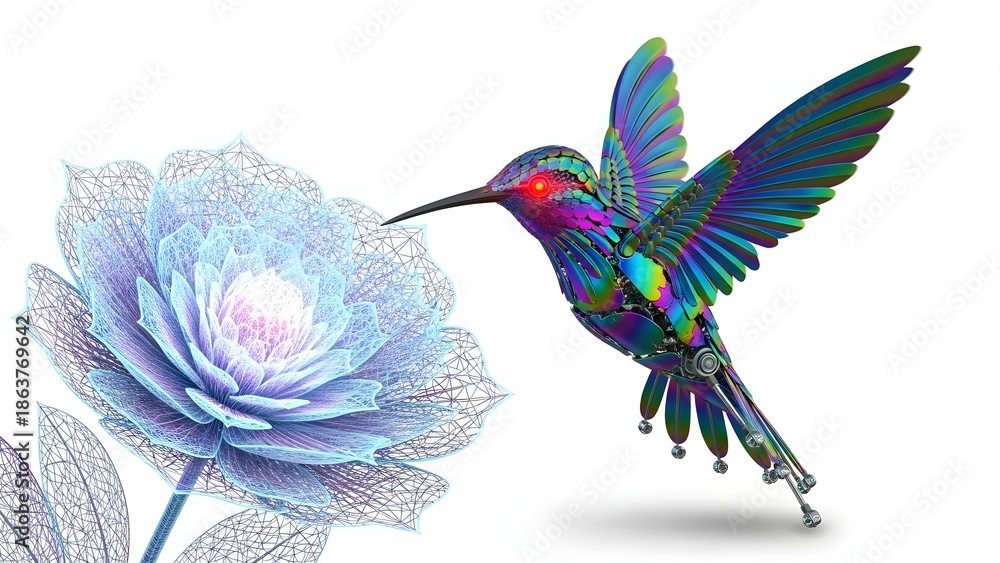 Obraz premium Iridescent hummingbird hovering near a delicate blue flower isolated on white background