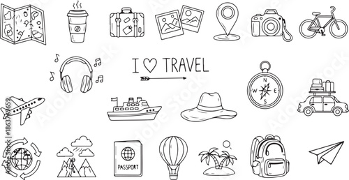 travel doodle hand drawn icon set. vector drawing line clipart symbols eps