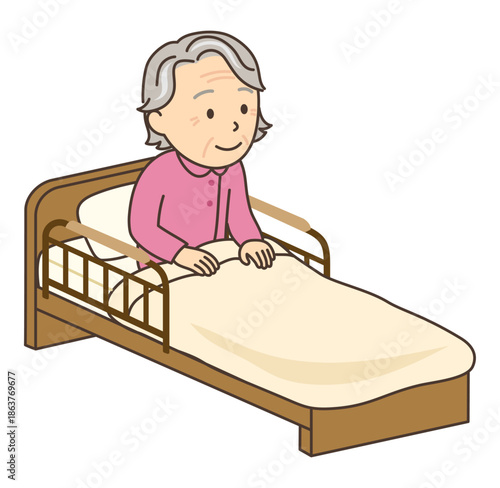 介護ベッドに入ったまま上体を起こしているおばあさん