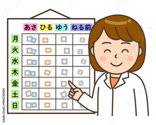 お薬カレンダーをセットして確認する笑顔の女性薬剤師