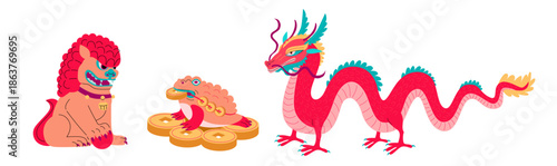 Chinese mythical creatures vector illustration set including dragon, lion guardian and money toad with gold coins
