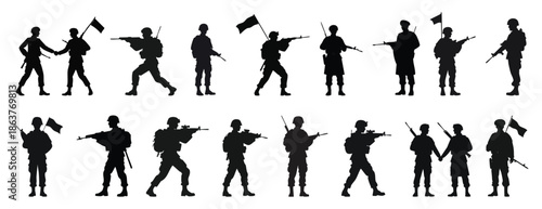 Indian republic day elements: Set of military soldier silhouettes, army men in various action poses