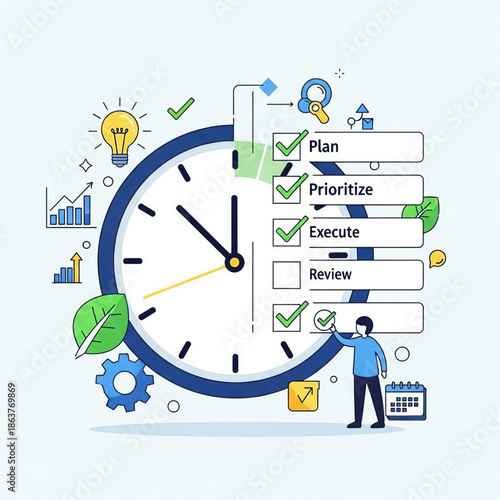A character completes a time management checklist with planning and execution steps.