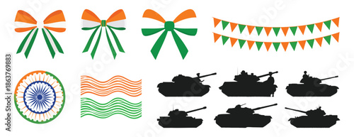 Indian, republic, day, National Festival and Military, tank, or tricolor ribbon bows, Elements Collection Vector Set