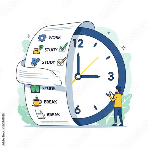 A person manages their daily schedule with work, study, and break tasks.