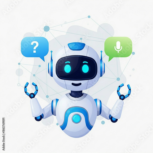 A friendly chatbot robot with question and voice input speech bubbles.