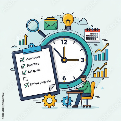 A man uses a laptop to plan and prioritize tasks with a comprehensive checklist.