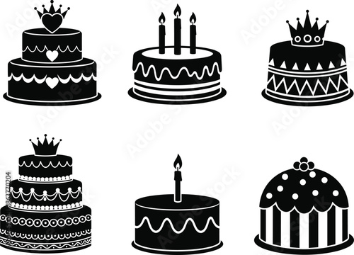 Set of royal birthday cake silhouettes, princess party desserts with crowns, celebration food collection, sweet bakery icons, cad drawing flat vector illustration.