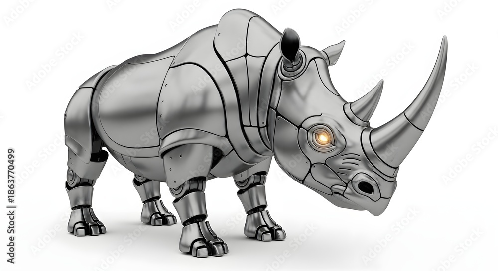 Fototapeta premium Mechanical rhinoceros robot standing isolated on white background
