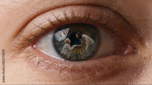 Closeup Eye Reflecting Two People Shaking Hands in an Abstract Concept