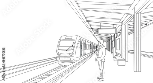 Man waiting for train at modern subway station platform