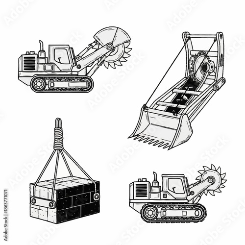 Set of four construction and industrial equipment illustrations.