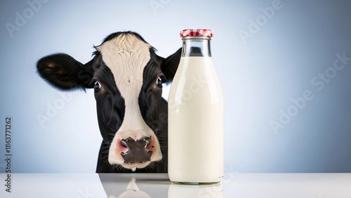 Adorable Cow with Large Eyes Standing Behind a Glass Bottle of Milk on a Light Blue Background Perfect for Dairy and Farming Promotions