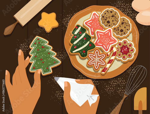 A woman's hands are decorating Christmas cookies. Illustration and vector.
