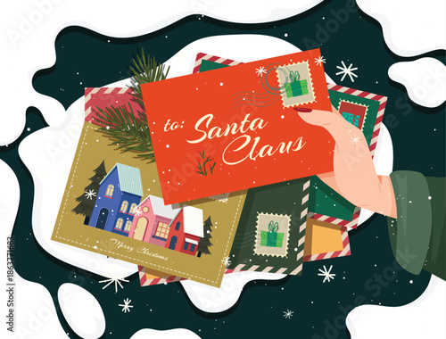 Christmas card featuring a woman's hand picking something up from a pile of snow. Illustration and vector.