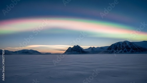 Vibrant aurora borealis arcs over snow-covered mountains at dusk