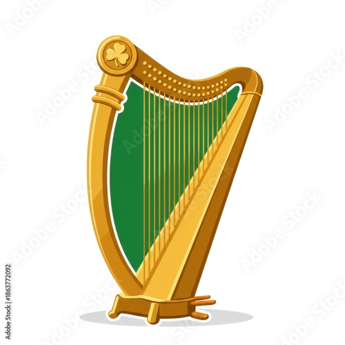 Gold Celtic Harp with Green Soundboard Pixel Art Illustration