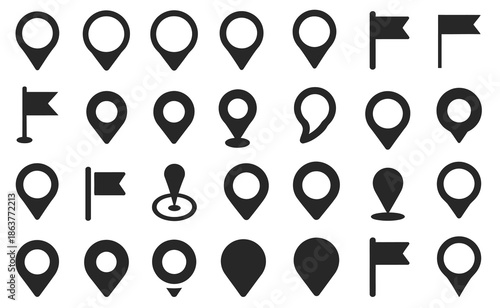 Map pin icon set, collection of location pins, place markers, and GPS map pointers, vector illustration perfect for mobile apps, website navigation, digital maps, and location-based projects.
