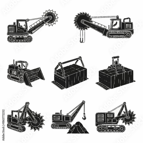 Set of Vintage Construction and Industrial Machinery Illustrations.